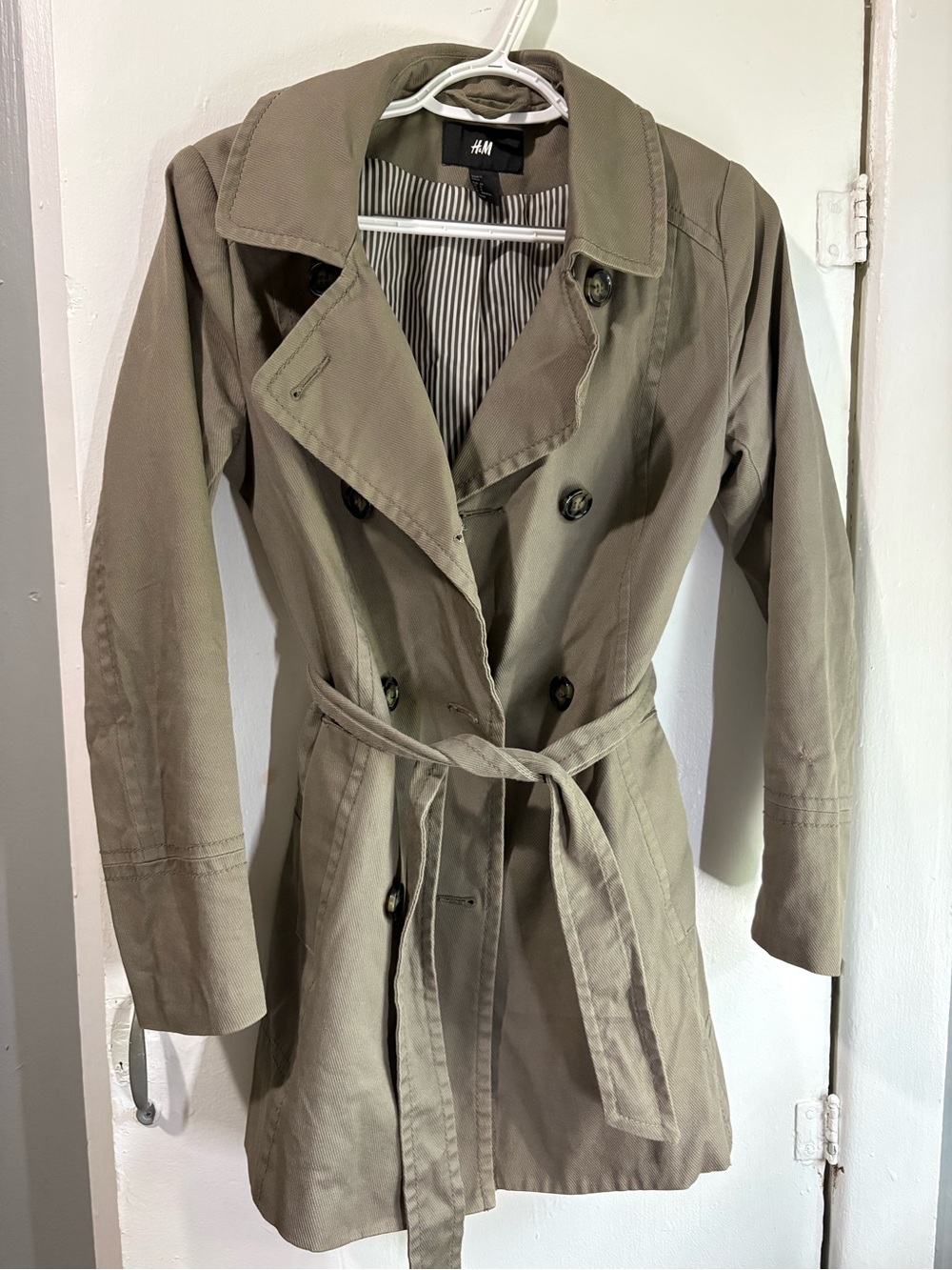 H&M Olive Green Double-Breasted Trench Coat with Waist Tie
